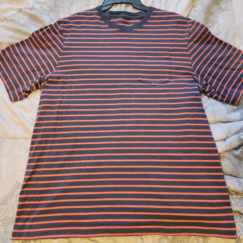 L.L. Bean Slightly Fitted Stripe Crewneck T-Shirt Navy Blue And Pink